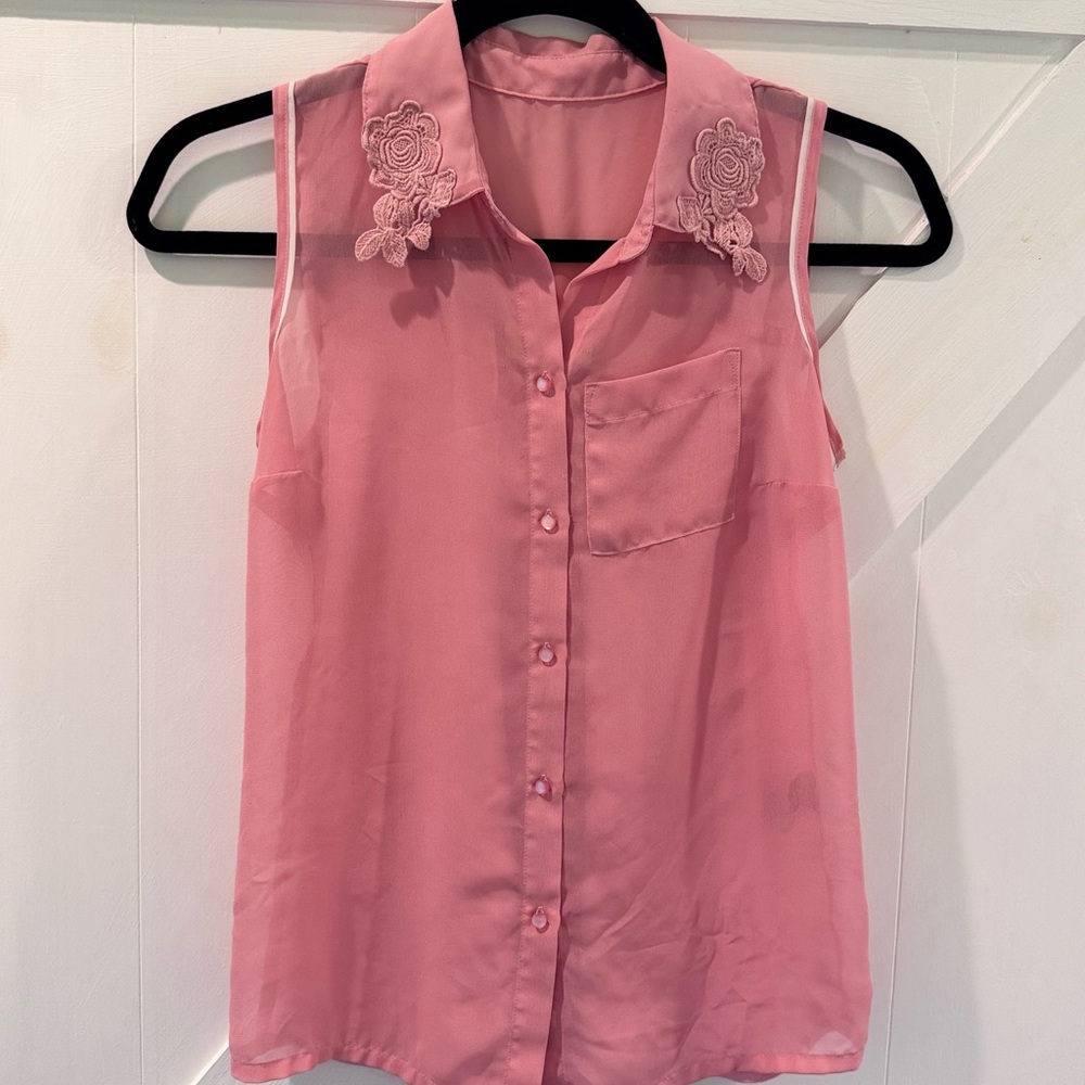 Pink Sleeveless Blouse with Floral Embroidery